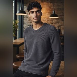 Hugo Boss Orange Men's Slim Fit  100% Cotton V-Neck Sweater Grey Medium